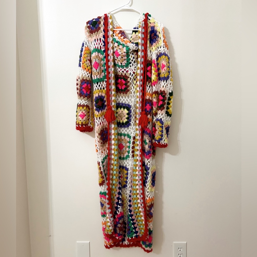 Handmade long hooded crochet cardigan